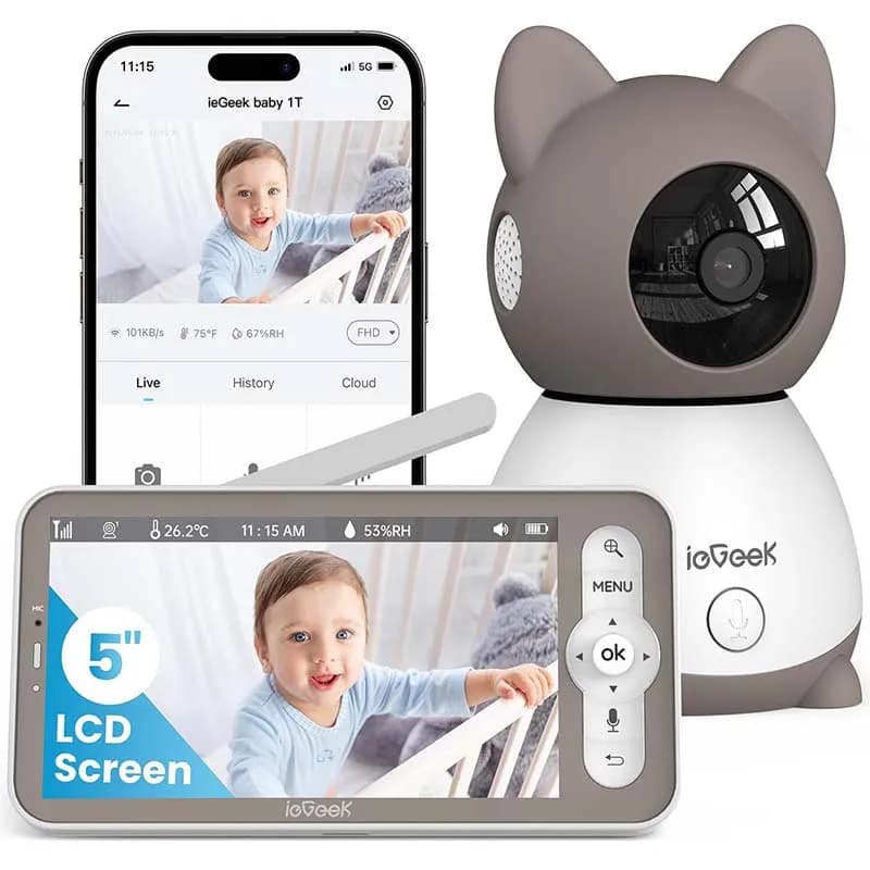 ieGeek Baby Monitor con telecamera e audio 2K - Monitor video con schermo da 5" - Visione notturna, conversazione bidirezionale, rilevamento di pianto e movimento