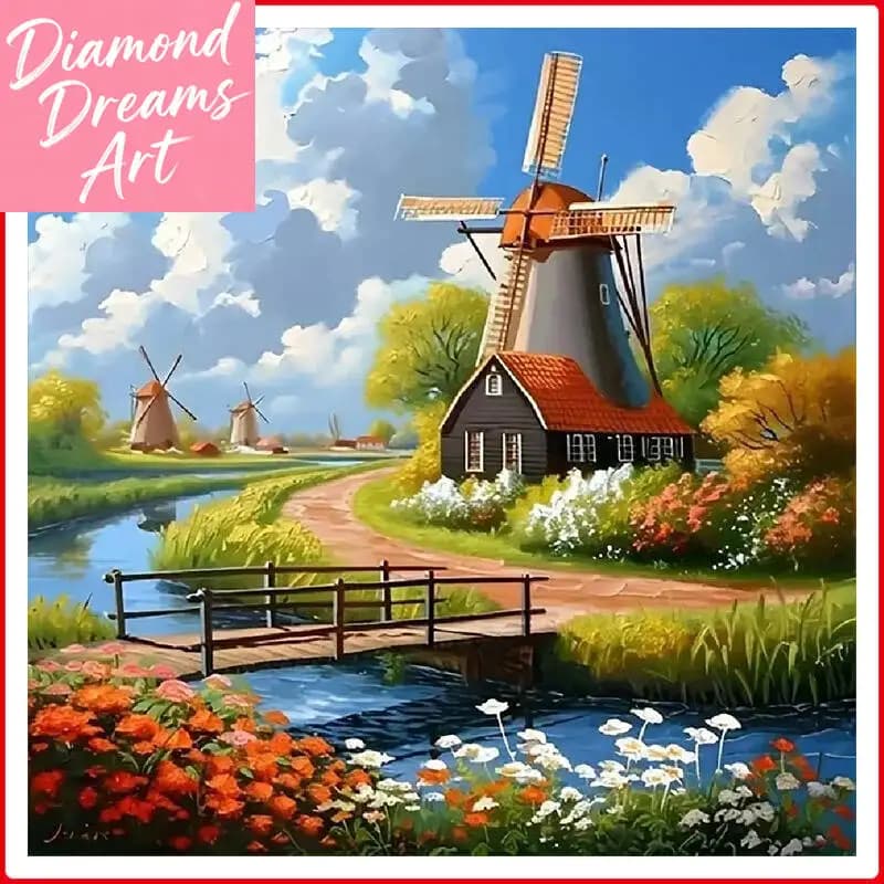 Pittura Diamante 5D Senza Cornice, con Diamanti Quadrati e Rotondi, Paesaggio con Mulino a Vento, Ricamo Fai da Te, Decorazione per la Casa