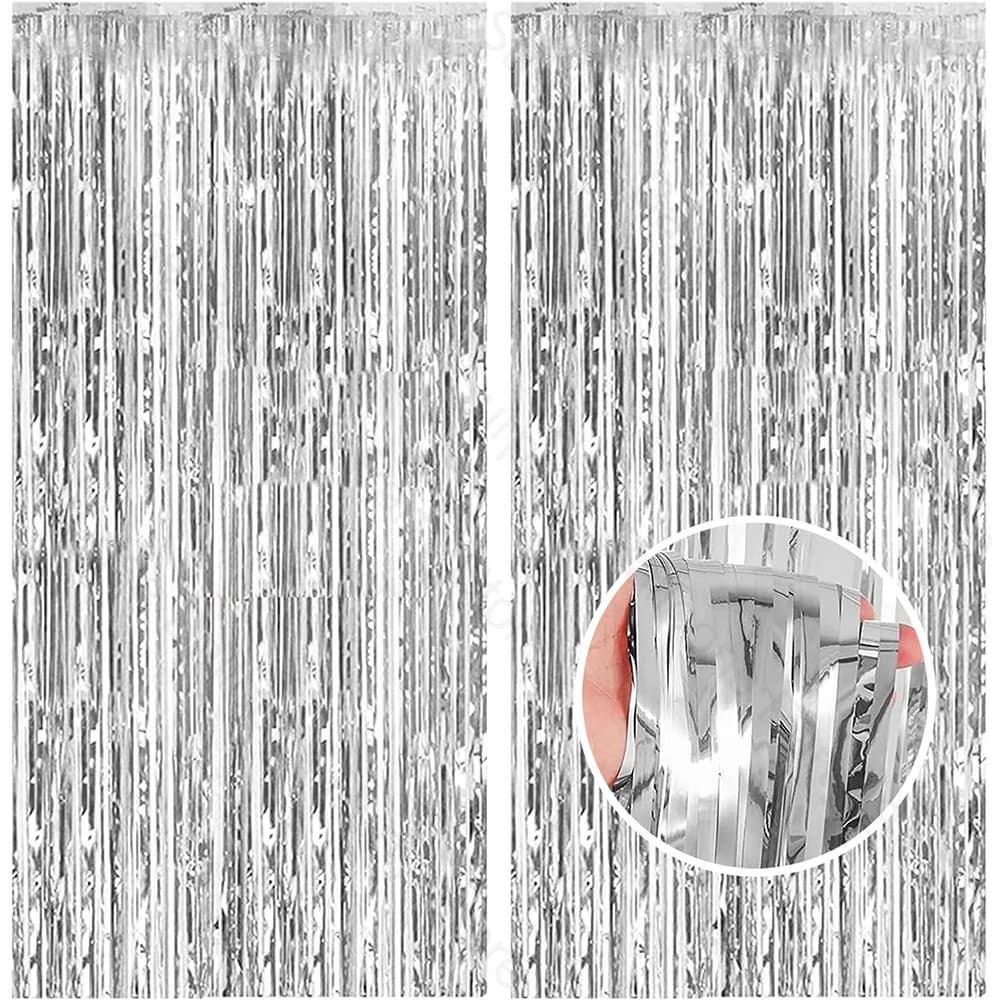 Pack of 2 curtains in silver foil, curtains with fringes in silver metallic ornaments, photo background, wedding decorations and birthdays