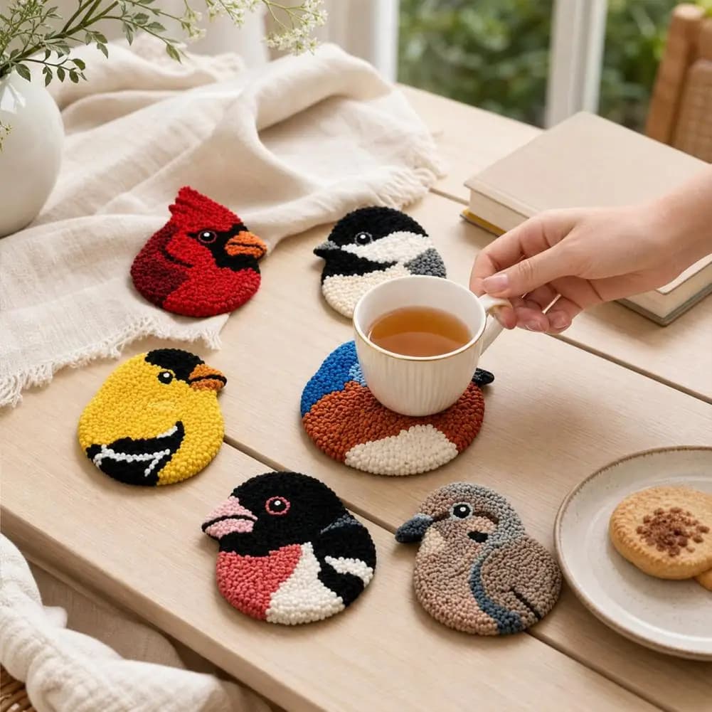 Diy Coaster Kit Punch Needle Embroidery Kit Diy Bird Coaster Kit with Pre-printed Patterns Punch Needle for Beginners for Home