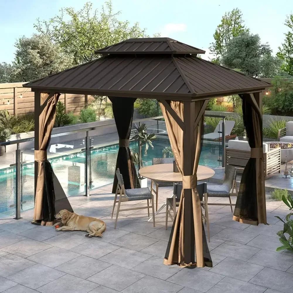 8x10 Metal Gazebo with Galvanized Steel Roof, Double Roof and Curtains, Ideal for Outdoor Weddings, Parties, and Dining - Brown