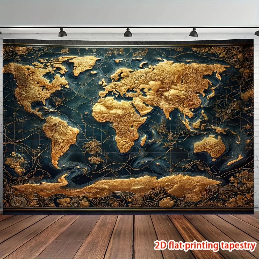 2D piatto 1 pezzo lussuoso tessuto di sfondo in poliestere con mappa del mondo con struttura in metallo, per soggiorno, camera da letto e decorazioni per feste