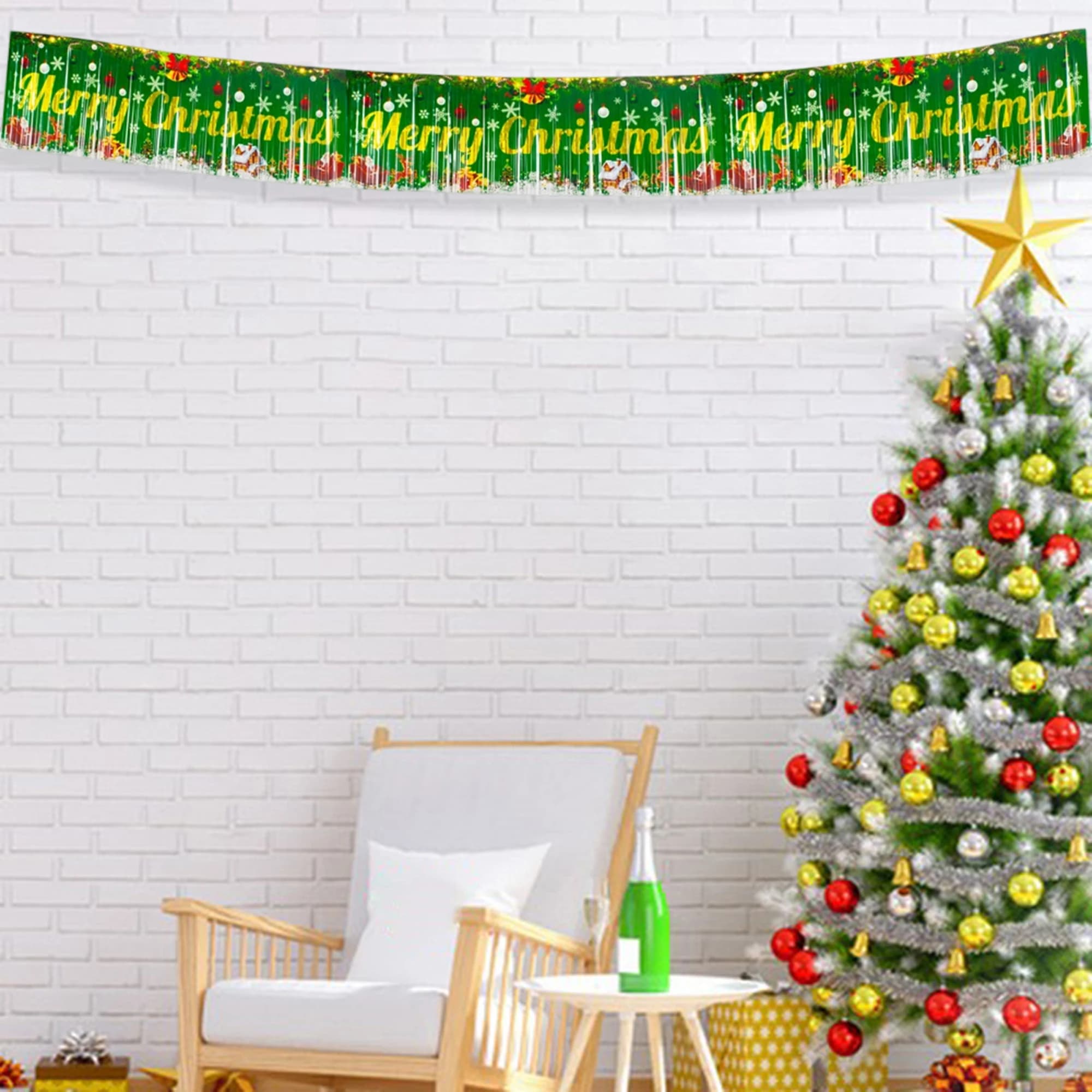 Festive background decoration for curtains with Christmas tassels for home decorations that create a Christmas atmosphere to hang on the wall