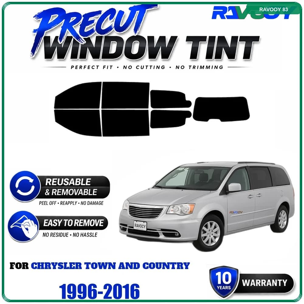 RAVOOY Precut Window Tint, Reusable Removable EPU Film, Custom Fit for Chrysler Town and Country 1996-2016, UV Heat Protection