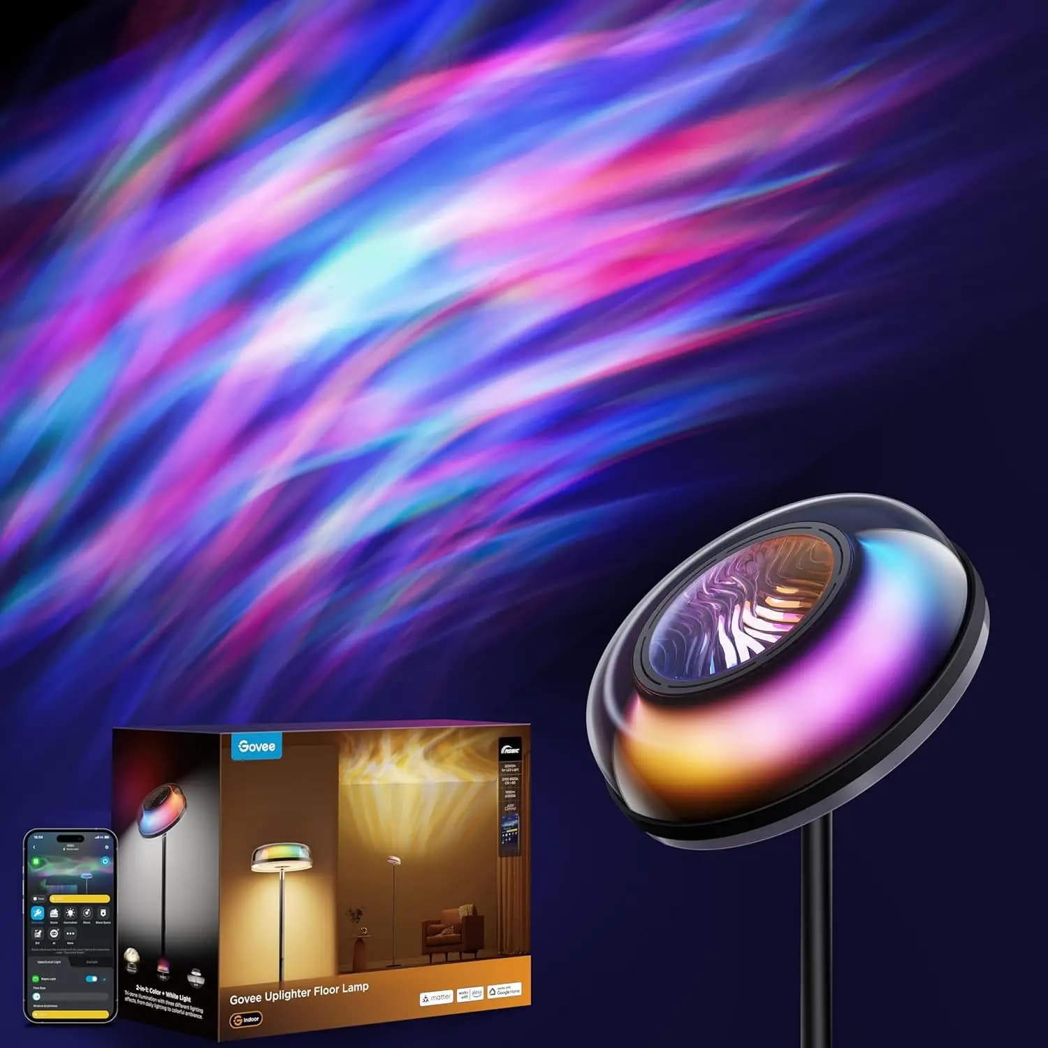 Lampada da Terra Moderna RGBIC con Controllo Intelligente, Proiettore a Effetto Ondulato per Soggiorno e Camera da Letto, Compatibile con Alexa e Matter