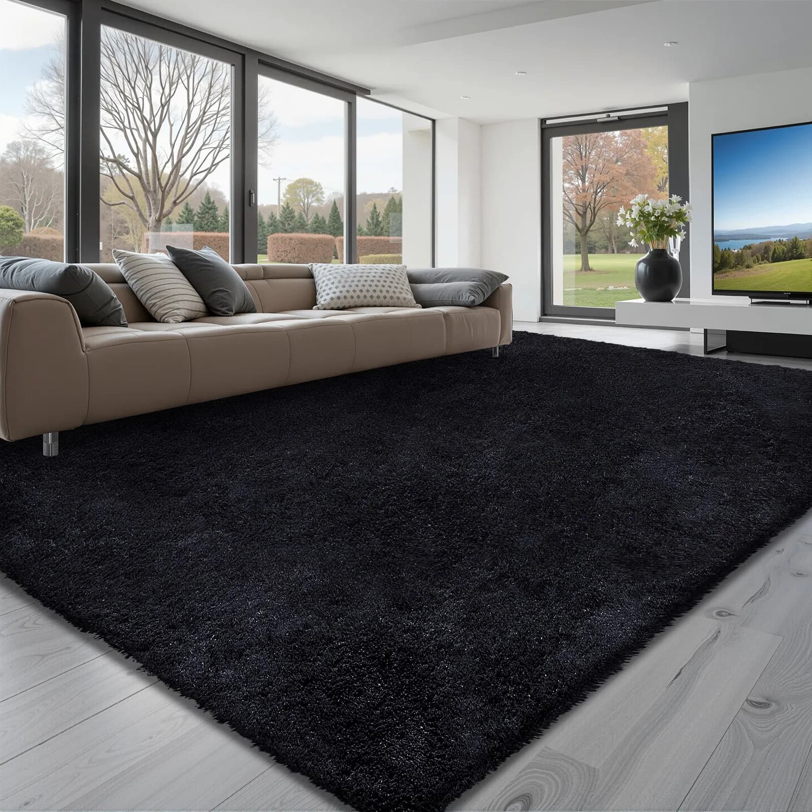Indoor Plush Area Rug 8 x 10ft Black Plush Carpet for Living Room Bedroom