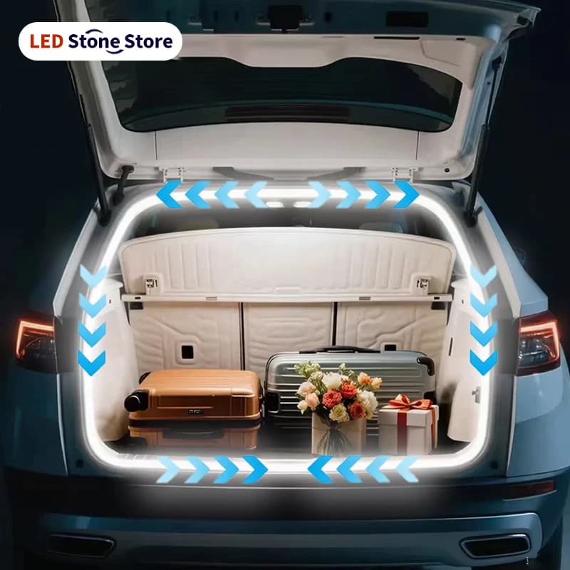 Striscia LED per bagagliaio auto, luce ambientale di benvenuto a flusso luminoso, accensione/spegnimento automatico, installazione nascosta, lampada decorativa modificata per portellone posteriore