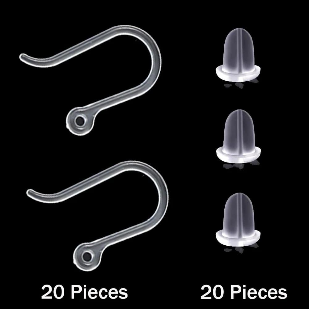 20 ganci per orecchini in plastica, filo per orecchie con anello, ami per pesci francesi e 20 tappi per orecchini trasparenti per la creazione di gioielli fai da te