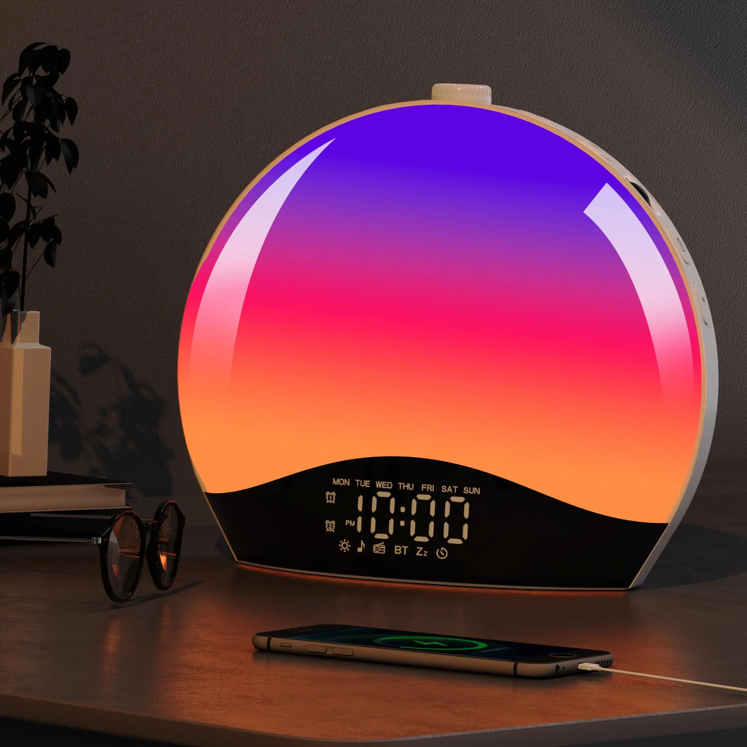 Sunrise Alarm Clock, Bluetooth Speaker Audio Machine, Sunrise and Sun Simulation, Snooze, Double Alarms, FM Radio and Reading