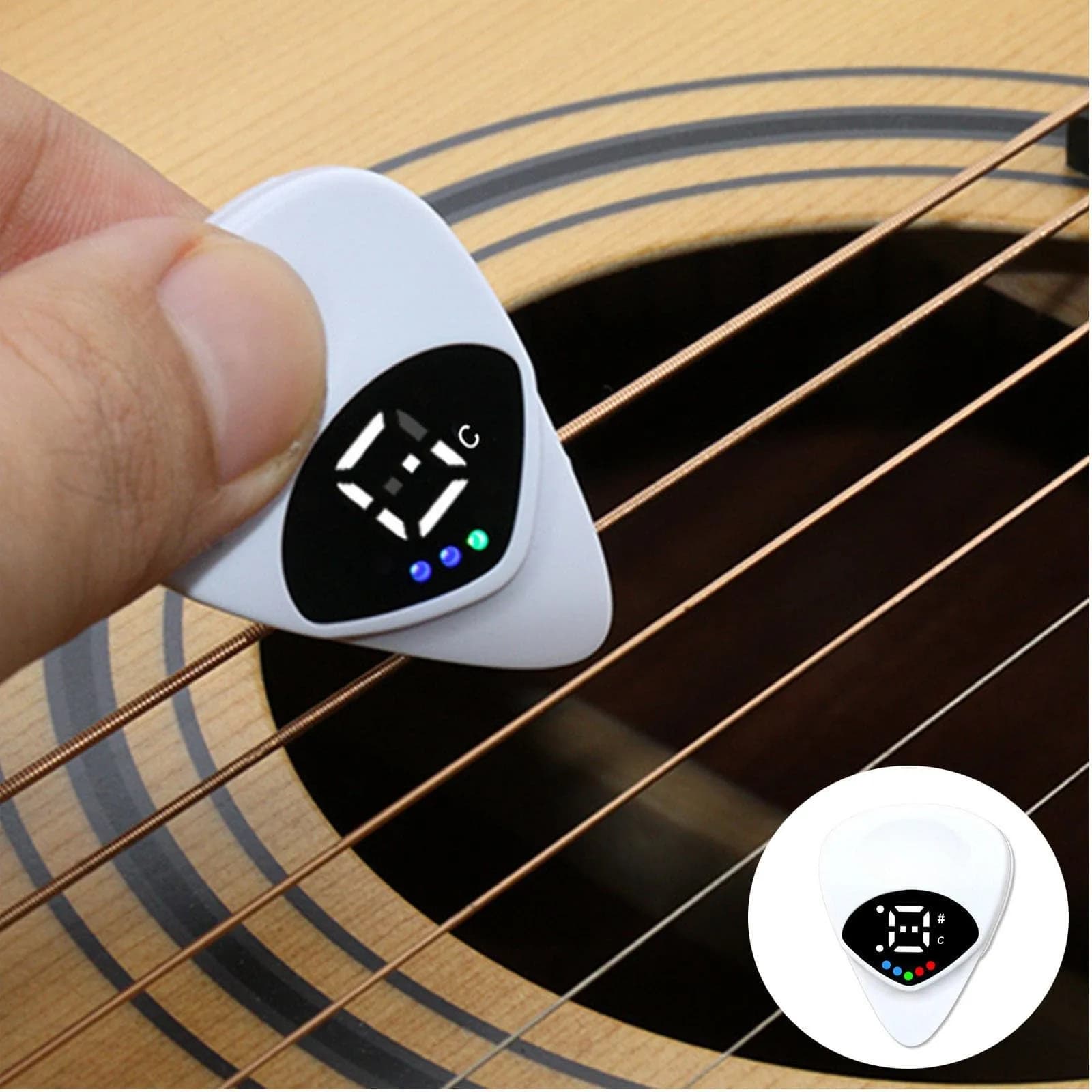 Accordatore per plettro per chitarra portatile da 0,6 mm Funzionalità 2 in 1 Plettro per chitarra Folk Accordatore per ukulele con display a LED 12 temperature