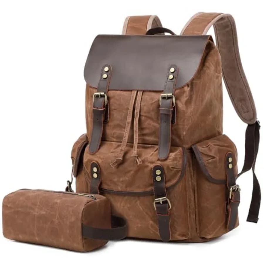 Zaino Vintage in Pelle e Tela, Zaino a Spalla in Tela Cerata con Borsa per Articoli da Toeletta per Viaggi, Campeggio, Escursionismo