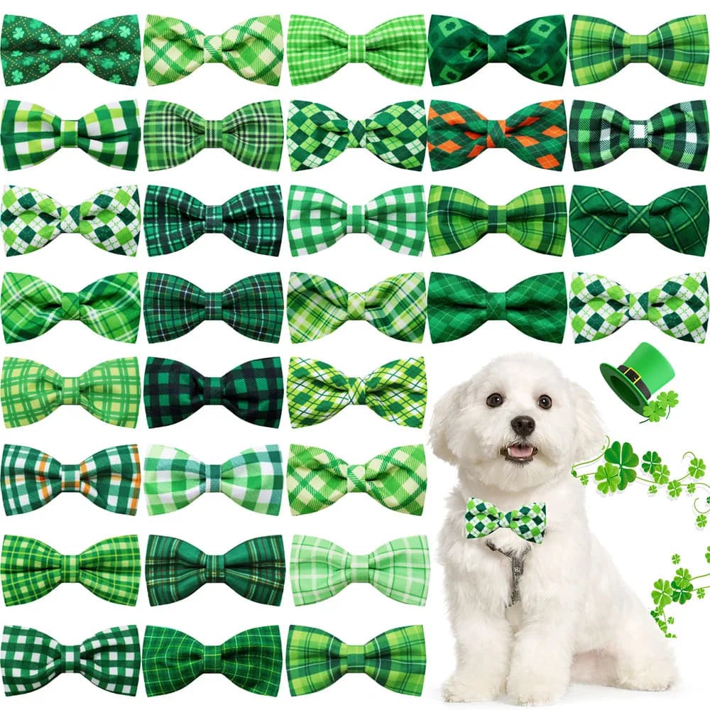 30 Pezzi Collari per Cani a Quadretti Verdi con Elastici, Papillon per Cani per Festa di San Patrizio, Accessori per Toelettatura