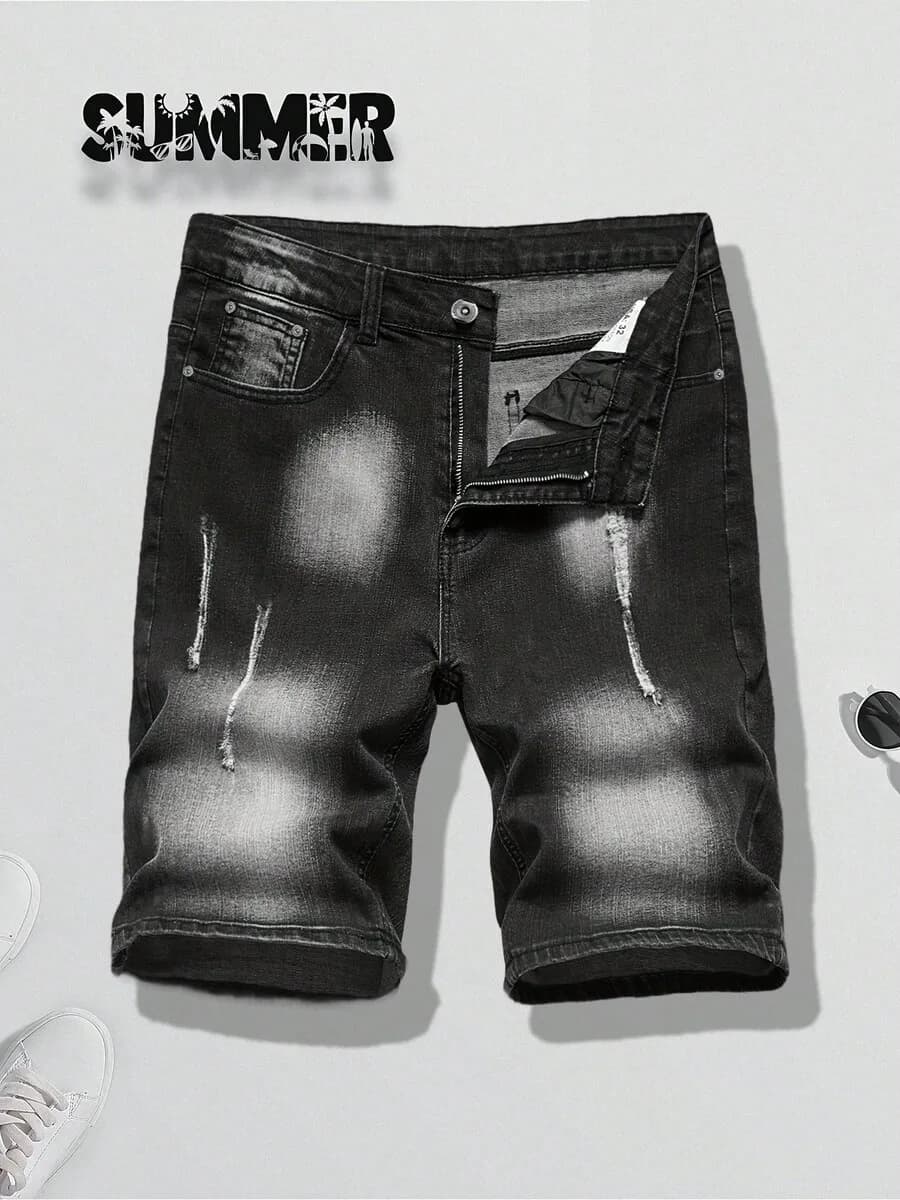 Mens Slim Stretch Denim Shorts With Distressed Wash Effect, Casual Vintage Style For Warm Weather Wear