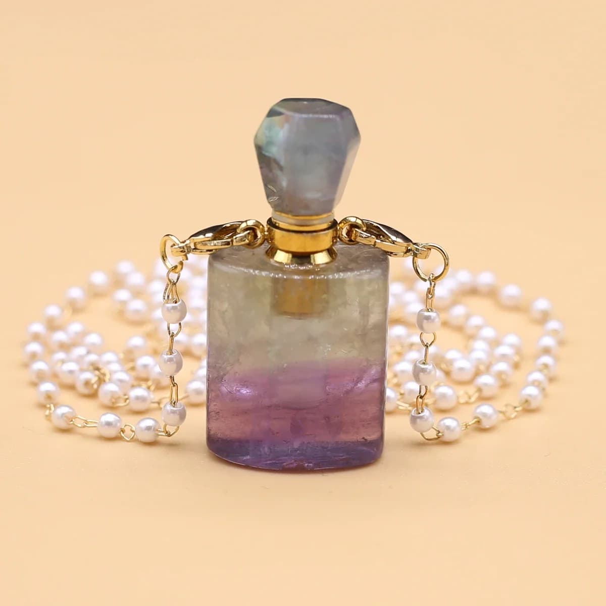 Pietre curative naturali Fluorite profumo diffusore di olio essenziale bottiglia gradiente ciondoli colorati collana con ciondolo in pietra Suquare