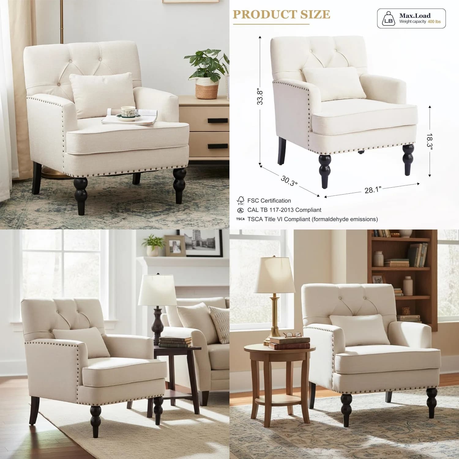Poltrona Imbottita con Cuscino Lombare e Bottoni Decorativi, Stile Mid-Century, per Camera da Letto e Soggiorno, Beige, Personalizzabile