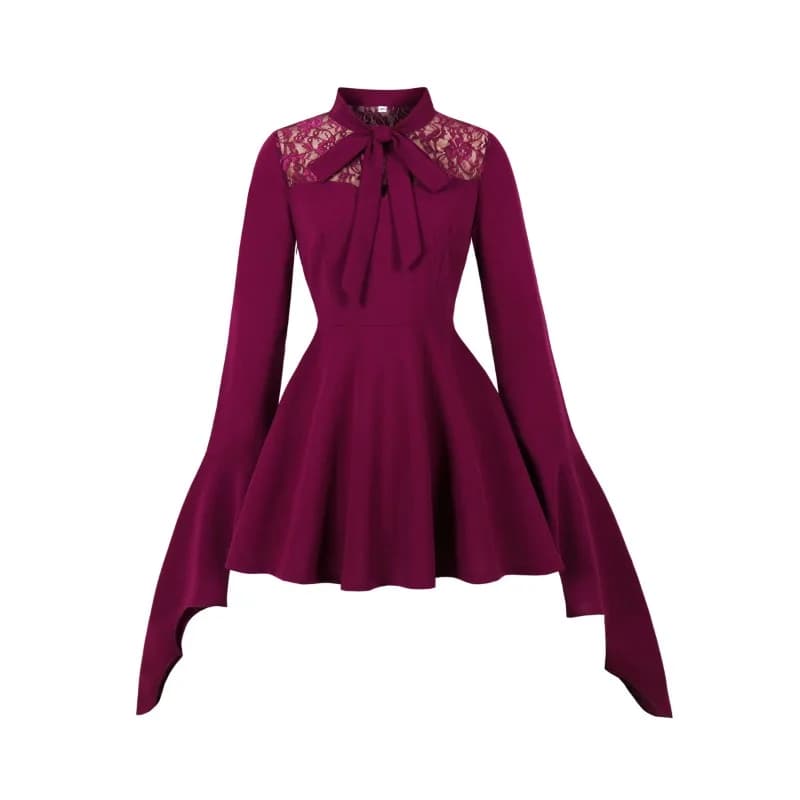 2025 Nuovo Hepburn Vintage Tie Neck Manica lunga Festa di Halloween Abiti da donna Dettaglio in pizzo Festa di compleanno Abiti da ballo Mini abito