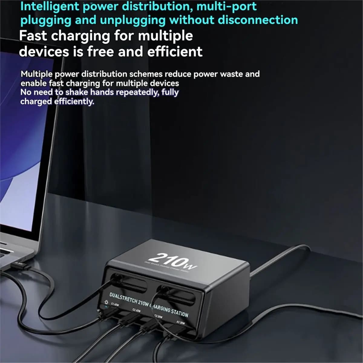 A26Z 210W 6-In-1 Charging Station with Retractable USB-C Cable Fast Charger for Tablet PC Phones Multiple Devices US Plug
