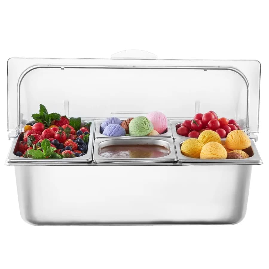 Contenitore Espositore da Banco per Alimenti con 5 Vaschette in Acciaio Inossidabile, Dispenser per Condimenti da Buffet con Coperchio Trasparente e 3 Contenitori per Congelatore