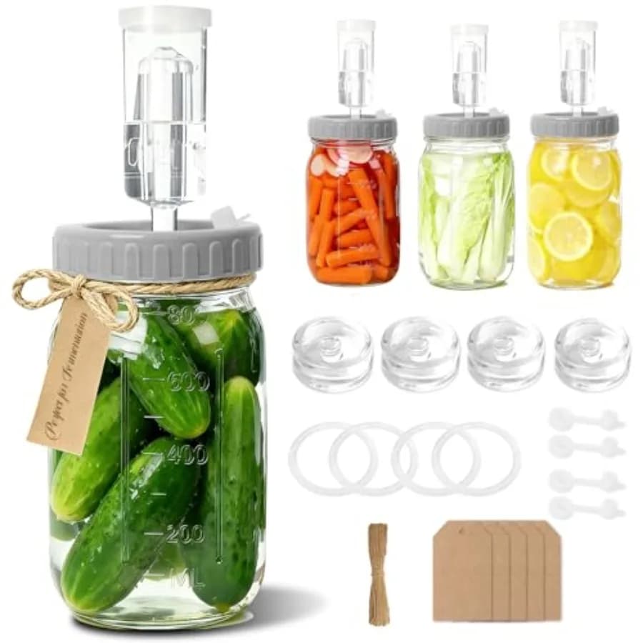 Kit di Fermentazione con 4 Barattoli Mason Jar, Include Quattro Barattoli da 32oz con Coperchi in Plastica, Chiusure Ermetiche e Anelli in Silicone