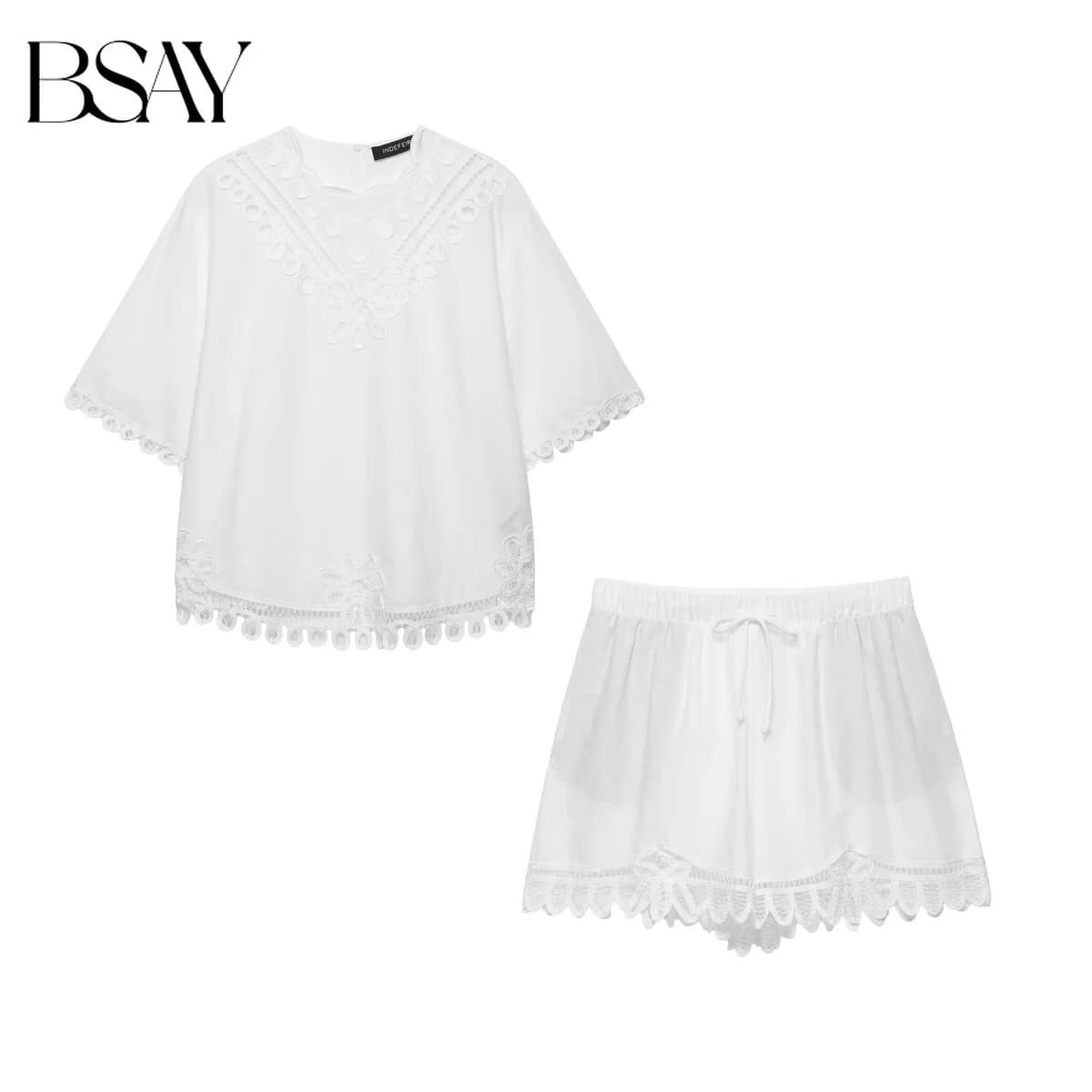 BSAY Women's White Hollow Embroidery V-Neck Blouse + Drawstring Elastic Waist Shorts 2-Piece Summer Set With Lace Scalloped Hem