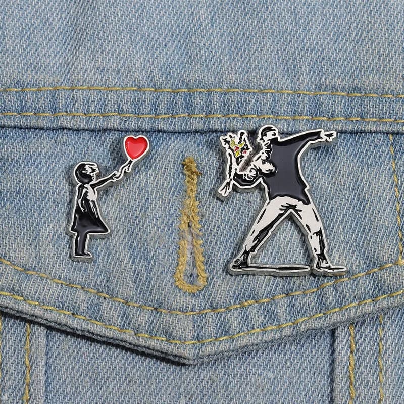 Classic Banksy Art Design Collection Brooch Enamel Pin Flower Thrower Boy Red Balloon Girl Badge Backpack Pins on Bag Decorating