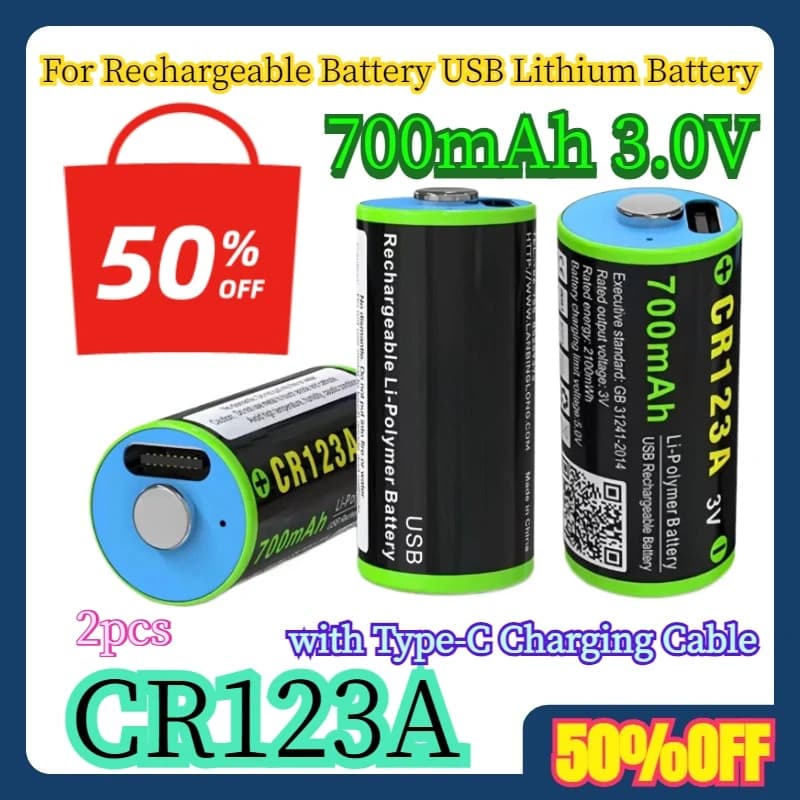 2 batterie ricaricabili CR123A da 700 mAh 3,0 V al litio USB con cavo di ricarica di tipo C