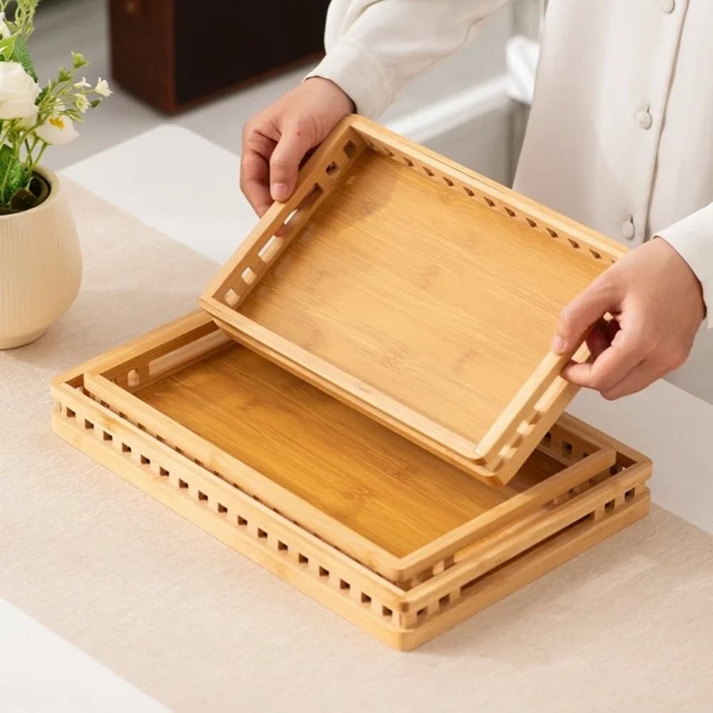 New Bamboo Serving Tray with Handle Rectangular Breakfast Tray Household Hollowed-out Storage Tray for Dried Fruit