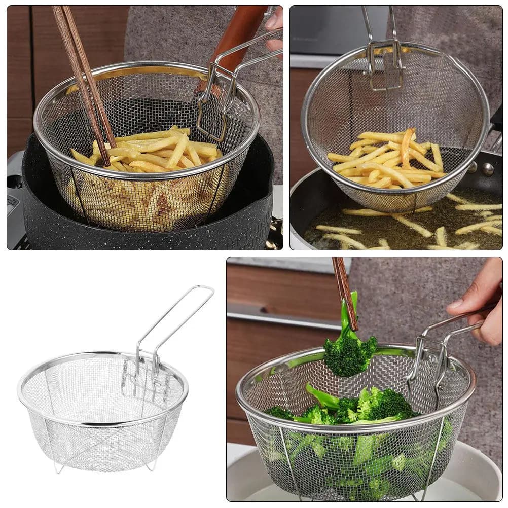 Cestello per Frittura in Acciaio Inossidabile con Manico Pieghevole, Cestello Rotondo per Friggitrice ad Aria, Hot Pot, Snack e Cottura