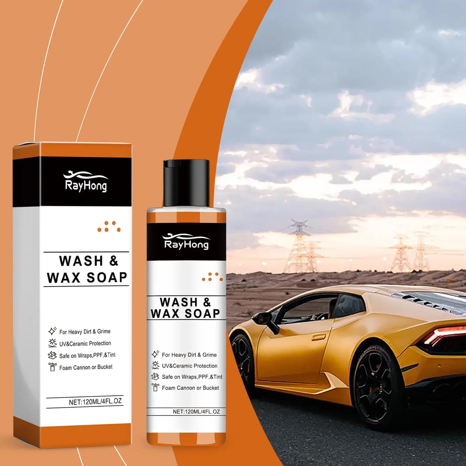 Shampoo per Auto al Profumo di Arancia, Detergente Concentrato in Schiuma con Protezione UV, Sicuro per Cera e Rivestimento Ceramico, Utilizzabile con Secchio o Pistola Schiumogena