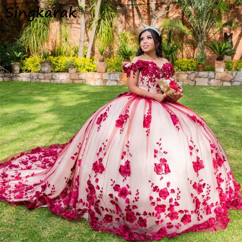 Fiori 3D Principessa Rossa Fiore Abito Quinceanera Dolce 16 Abito Appliques Cristalli Perline Perle Abiti da 15 anni Personalizzato