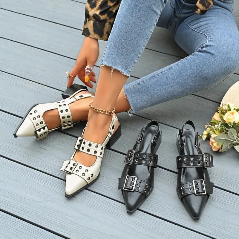 Scarpe da Donna con Tacco a Blocco e Cinturino Posteriore, Punta Affusolata, Stile Punk, per Ufficio e Uso Quotidiano, Primavera-Autunno
