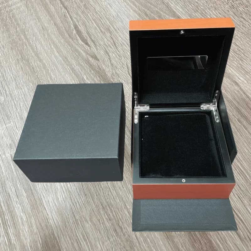 Luxurious high quality black painted wooden watch box, leather cushion, watch display, package box, paper bag, book, paper, gift