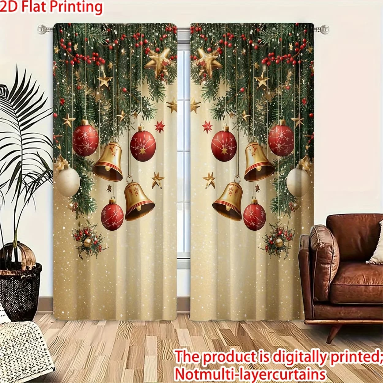 2PC Flat 2D Christmas Print Curtains - Digital Printed Sheer Polyester Drapes for Bedroom, Living Room & Office Decor