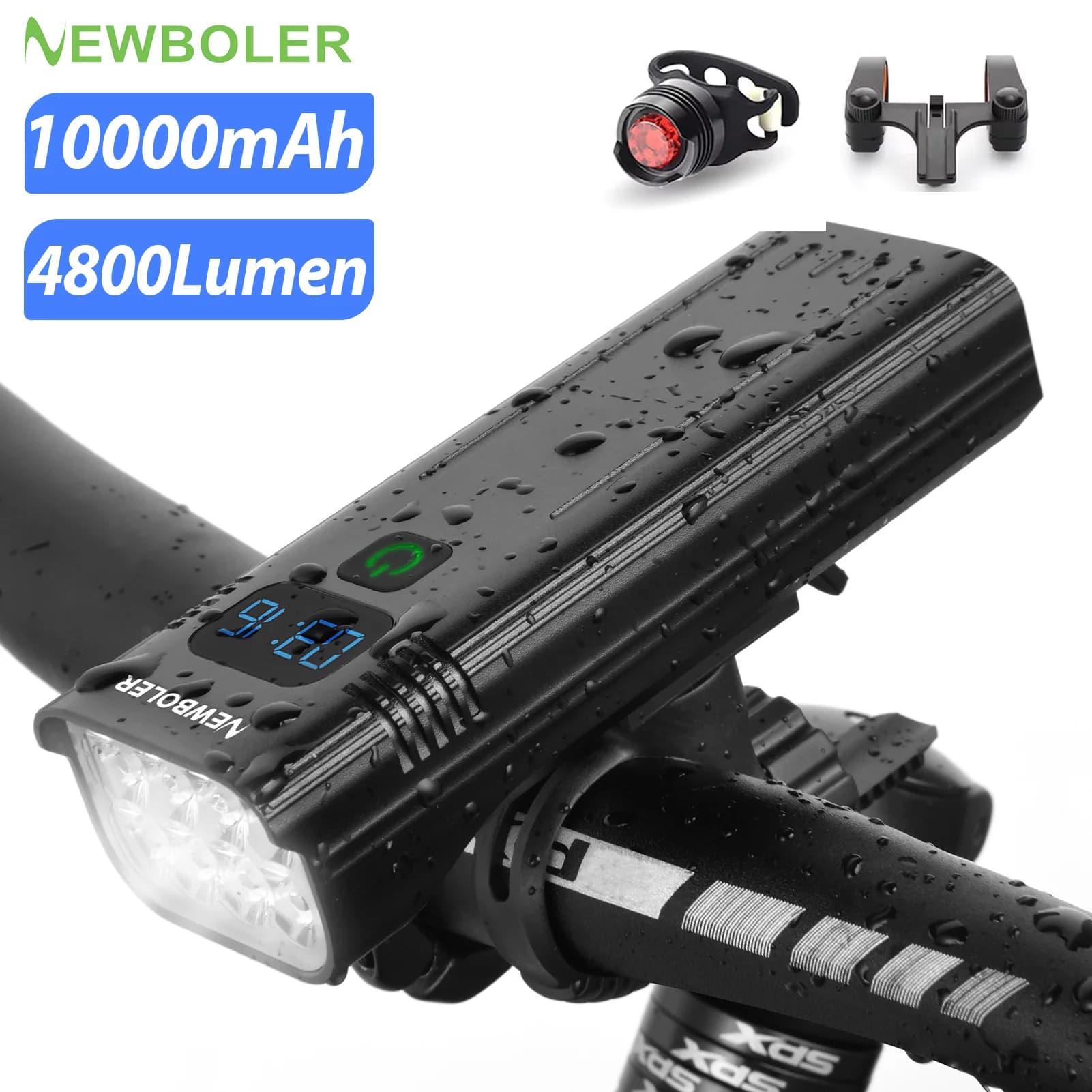 NEWBOLER Luce per Bicicletta Ricaricabile USB 4800 Lumen Impermeabile Set Luci MTB con 2 Supporti Torcia 10000mAh Accessori per Bici