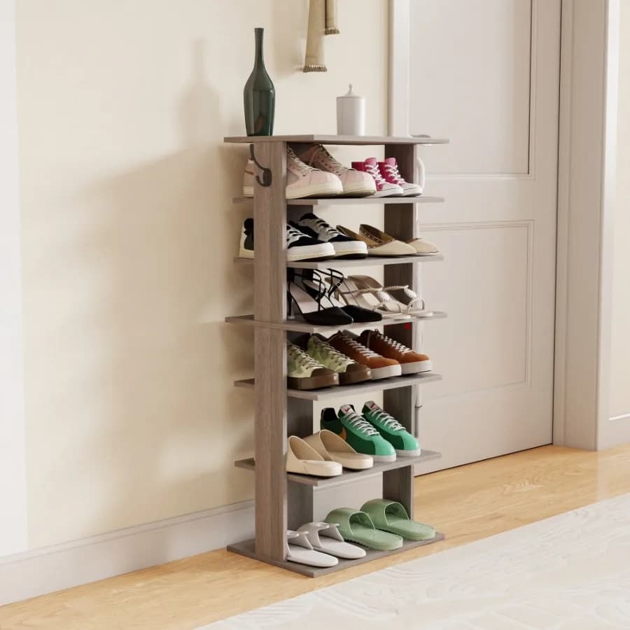 7 Tier Shoe Rack with Hook for Closet, Entryway, Dorm, Garage Sturdy Gray Steel Shoe Organizer Storage Shelf