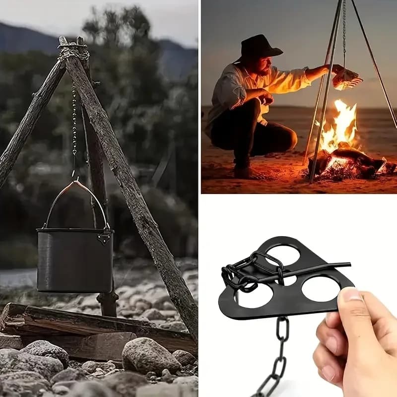 Treppiede da campeggio portatile in acciaio inossidabile da 3 pezzi, portachiavi multifunzione - Supporto da cucina pieghevole per esterni per pentole sospese, barbecue