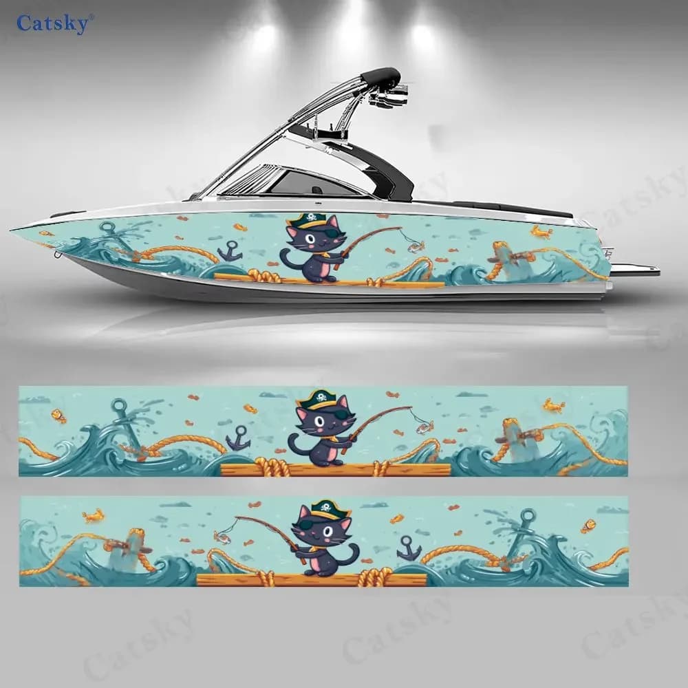 Vintage Nautical Anchor Cat Boat Sticker, PVC Waterproof Durable Vinyl Wrap Decals for Fishing Boats, Durable and Stylish Design
