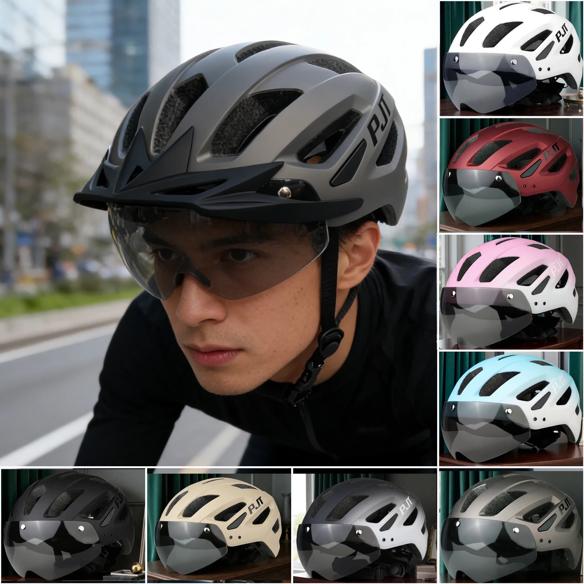 Nuovo Casco da Ciclismo PJT con Luce, per Strada e MTB, con Occhiali e Visiera Parasole, Taglia L per Uomini e Donne