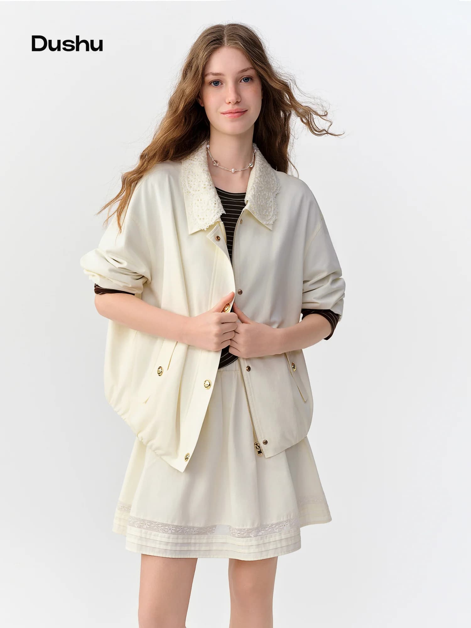 DUSHU 2026 New Fall Women's Removable Lace Collar Long Sleeve Jacket & Skirt Set, Two-Way Blazer Set for Versatile Office Style