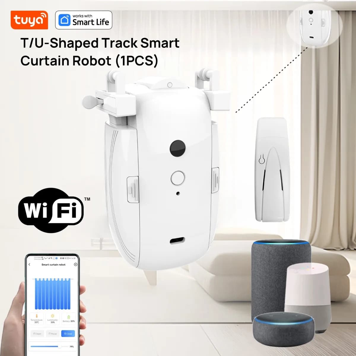 Robot per tende Tuya Smart WiFi (1 pz con Hub) per binari T/U-Rail-telecomando App, compatibile con Alexa e Google Home