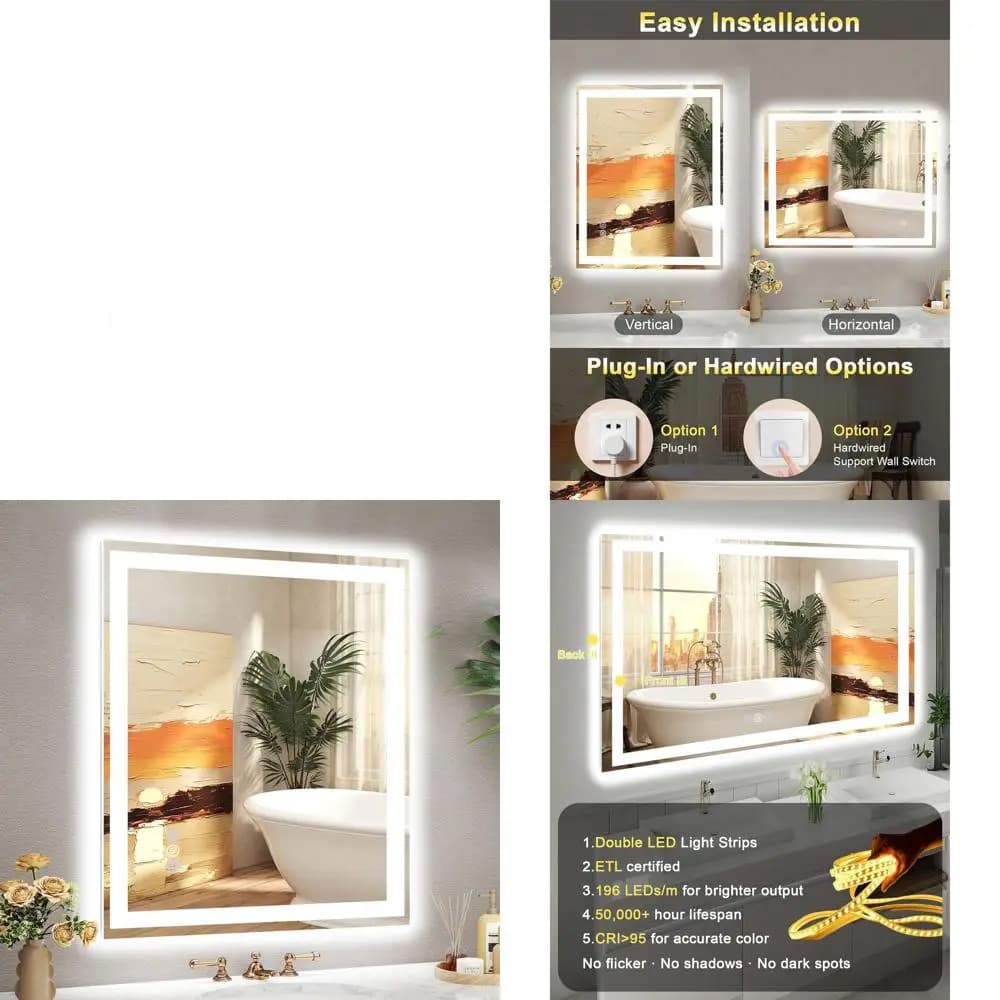 Specchio da Bagno LED 30x36 Pollici con Illuminazione Frontale e Posteriore, Funzione Anti-Appannamento e Memoria Intelligente, Vetro Temperato, Certificato ETL