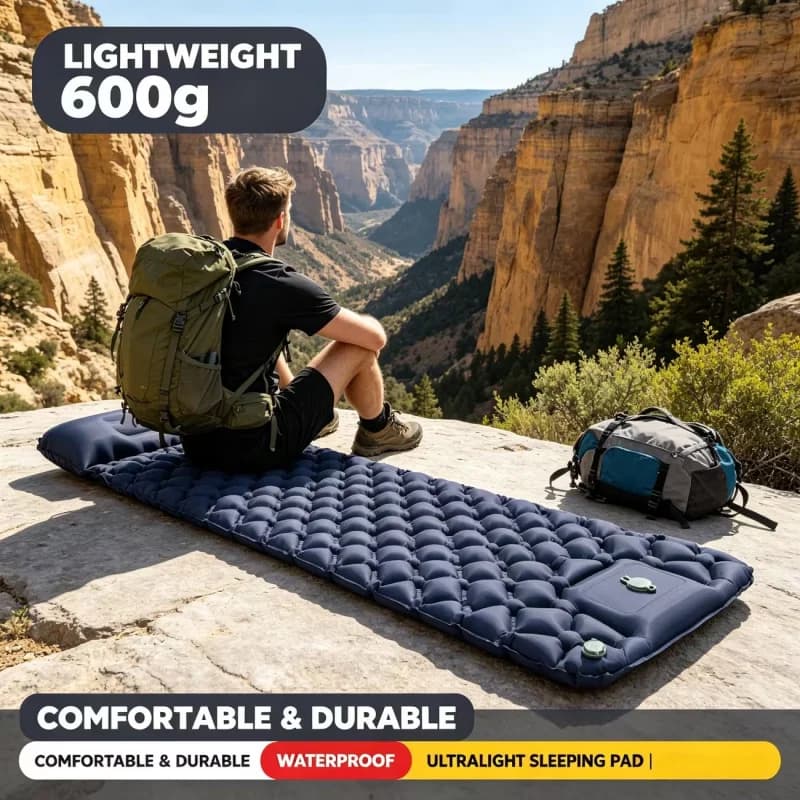 1Set Thicken Camping Mat Inflatable Mattress Sleeping Bed Tent Moisture-Proof Built-in Foot Pump Sleeping Pad with Pillow