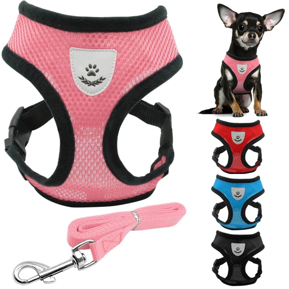 Nuovo set di imbracatura e guinzaglio per cani da compagnia per cuccioli in rete di nylon morbida e traspirante