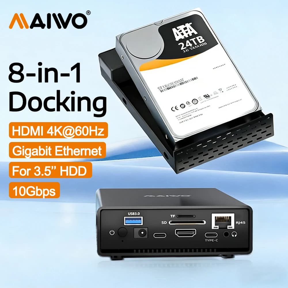 Docking Station MAIWO 8-in-1 con Hub USB per Case HDD da 3,5'' a 10Gbps, HDMI 4K60Hz e Porta Ethernet Gigabit, Supporto Lettura Schede SD/TF