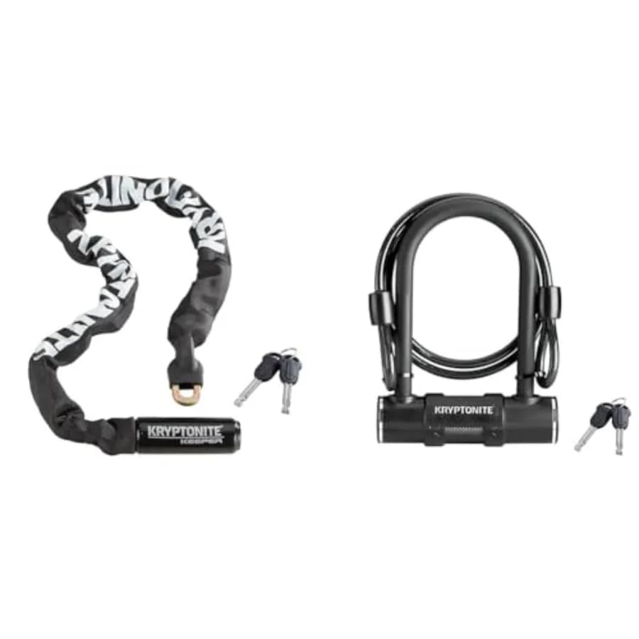 Set Lucchetto Bici Kryptonite - Lucchetto a Catena in Acciaio da 85 cm con Chiavi e Lucchetto a U con Cavo in Acciaio Intrecciato da 120 cm per Bici, Moto e Scooter