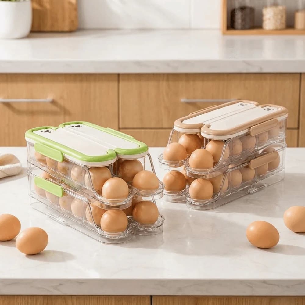 Food Grade Automatic Rolling Egg Container Transparent Large Capacity Large Egg Holder Stackable with Lid Refrigerator Egg Rack