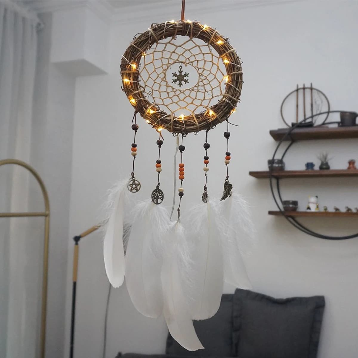 Forest Style Rattan Dream Catcher with Lights - Retro Woven Wall Hanging, Small Boho Decor & Gift