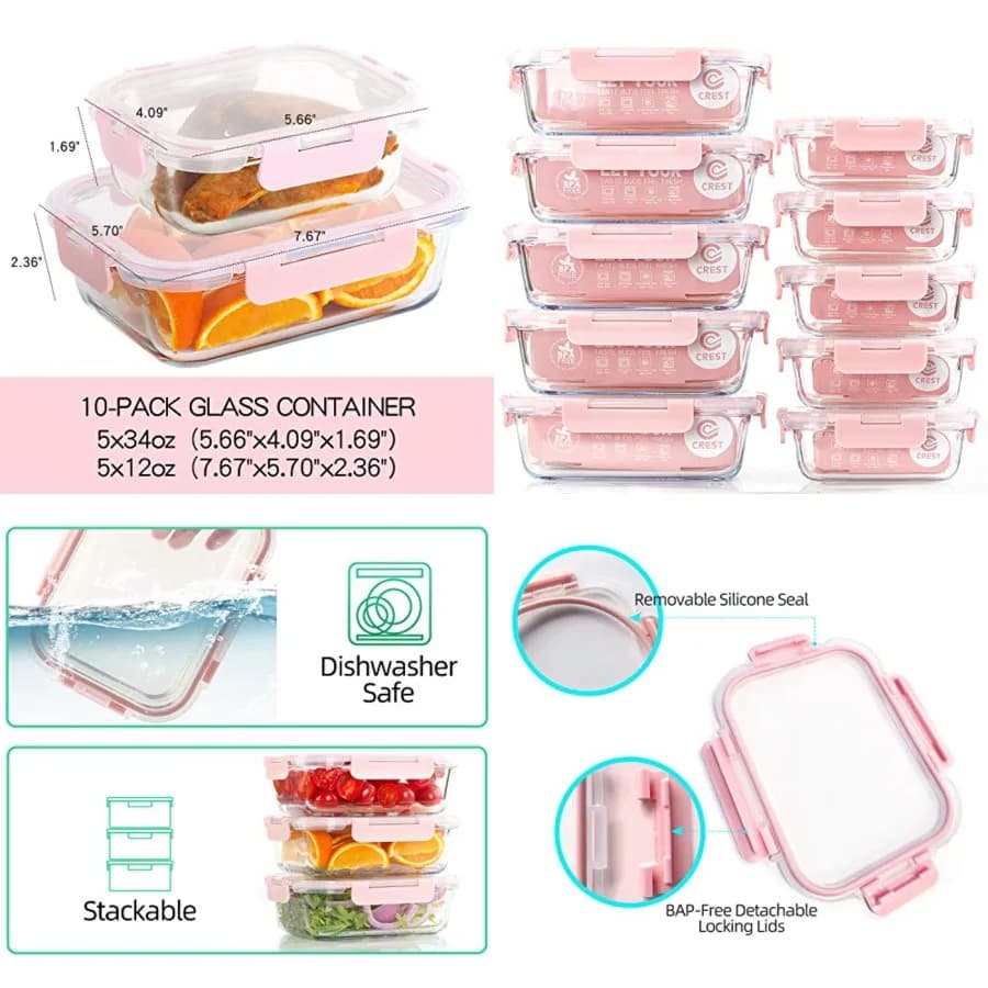 Set da 10 Contenitori in Vetro per Preparazione Pasti, Contenitori per Alimenti con Coperchi Ermetici, Lunch Box in Vetro, Adatti per Microonde, Forno, Congelatore