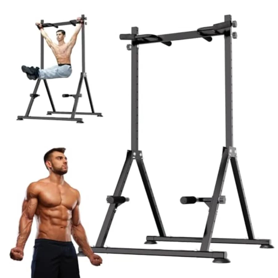 Multifunction Foldable Training Tower with Traction Bar and Dip, Adjustable Height, Triangular Strength Training Structure