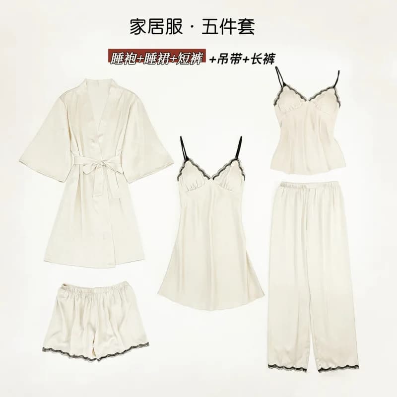 Set Pigiama Five Pieces in Satin Silk, Sexy Vestal, Night Shirt, Shorts, Casual Clothing Summer for Women